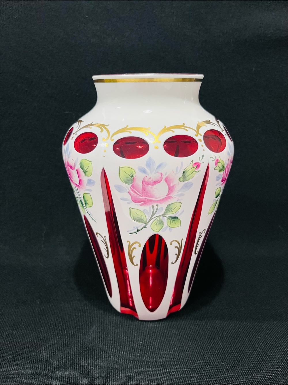 Vintage Bohemian Arcadia White Cut to Ruby Cased Crystal Glass Hand Painted Vase